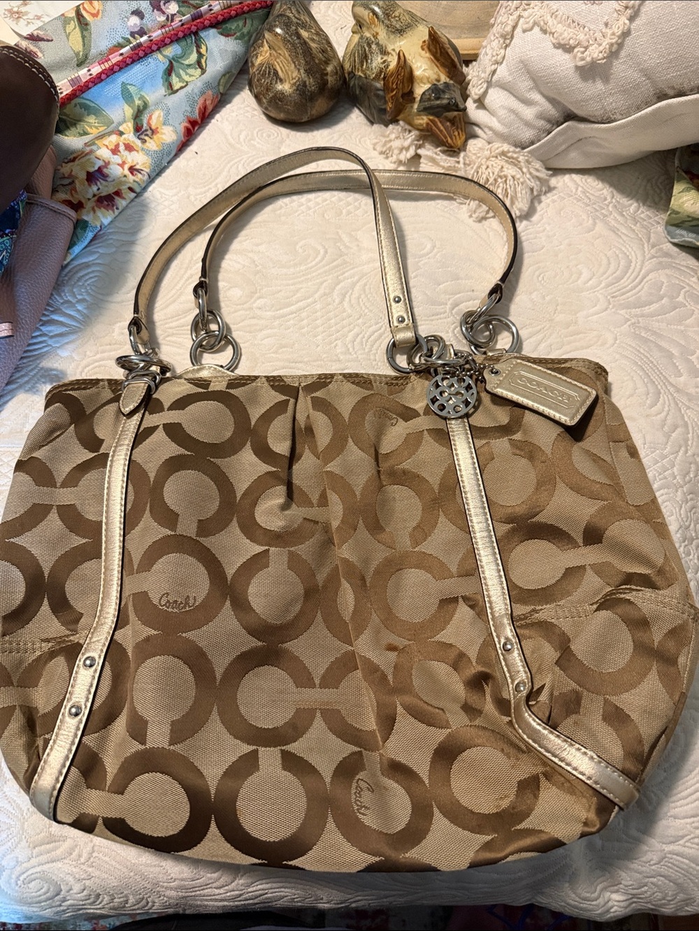 Coach Brown Signature Canvas Shoulder Bag with Metallic Trim